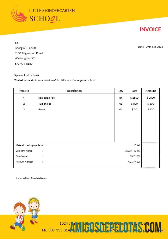 em branco Modelo de fatura de escola de jardim de infância